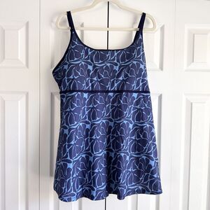 Noon Swim Blue Print Swim Dress One Piece Size 20 Tummy Control Skirted